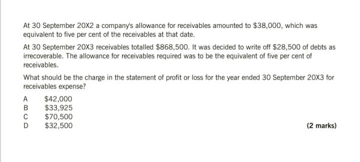 At 30 September 20x2 A Company S Allowance For Receivables Amounted To 38 000 Which Was Equivalent To Five Per Cent Of 1