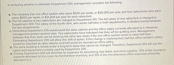 Elegant Decor Company S Management Is Trying To Decide Whether To Eliminate Department 200 Which Has Produced Losses Or 2