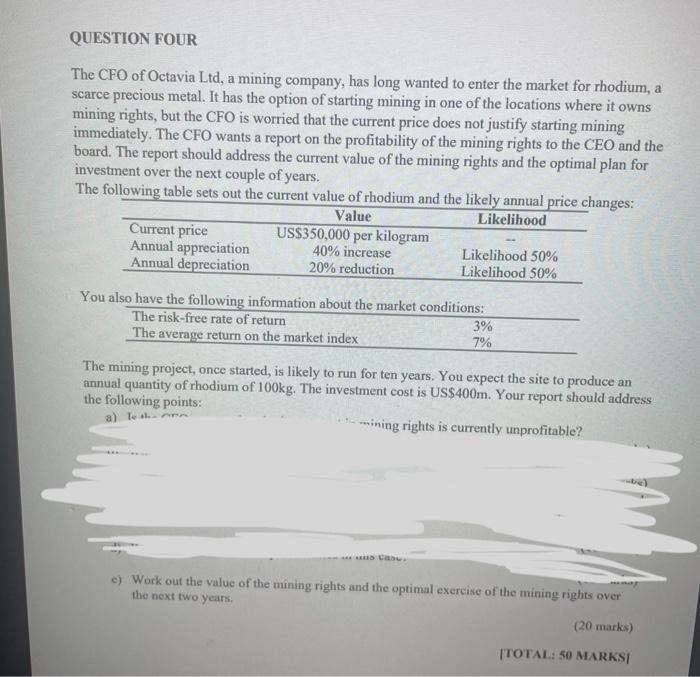 Question Four The Cfo Of Octavia Ltd A Mining Company Has Long Wanted To Enter The Market For Rhodium A Scarce Precio 1