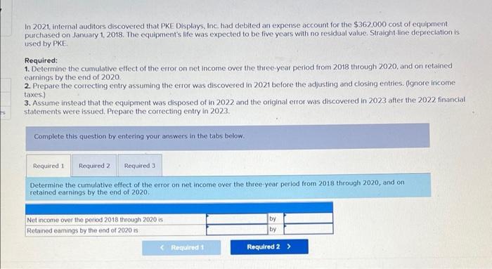 In 2021 Intemal Auditors Discovered That Pke Displays Inc Had Debited An Expense Account For The 362000 Cost Of Equi 1