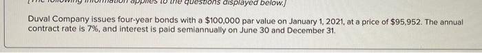 Questions Displayed Below Duval Company Issues Four Year Bonds With A 100 000 Par Value On January 1 2021 At A Price 1