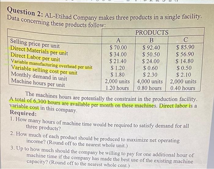 Question 2 Al Etihad Company Makes Three Products In A Single Facility Data Concerning These Products Follow Per Unit 1