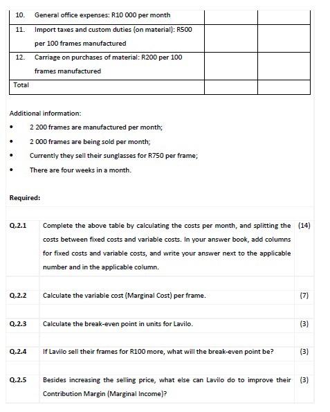 Lavilo A Sunglass Manufacturer Have The Following List Of Monthly Costs In Their Company Fixed Costs Variable Costs 1 2