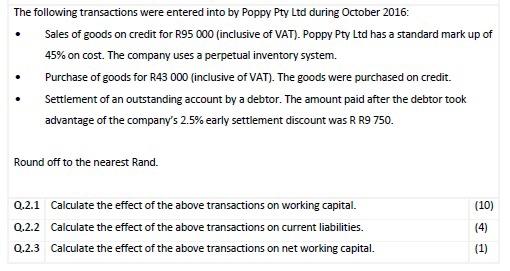 The Following Transactions Were Entered Into By Poppy Pty Ltd During October 2016 Sales Of Goods On Credit For R95 000 1