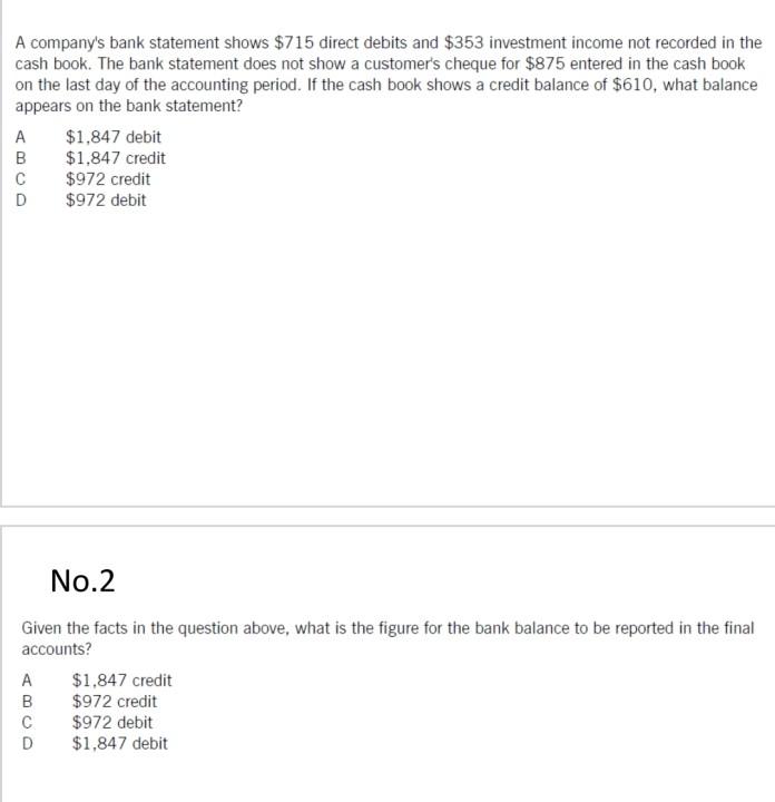 A Company S Bank Statement Shows 715 Direct Debits And 353 Investment Income Not Recorded In The Cash Book The Bank S 1