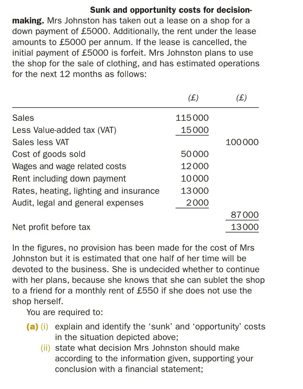 Sunk And Opportunity Costs For Decision Making Mrs Johnston Has Taken Out A Lease On A Shop For A Down Payment Of 500 1