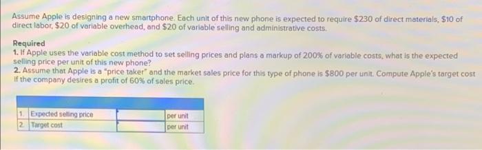 Assume Apple Is Designing A New Smartphone Each Unit Of This New Phone Is Expected To Require 230 Of Direct Materials 1