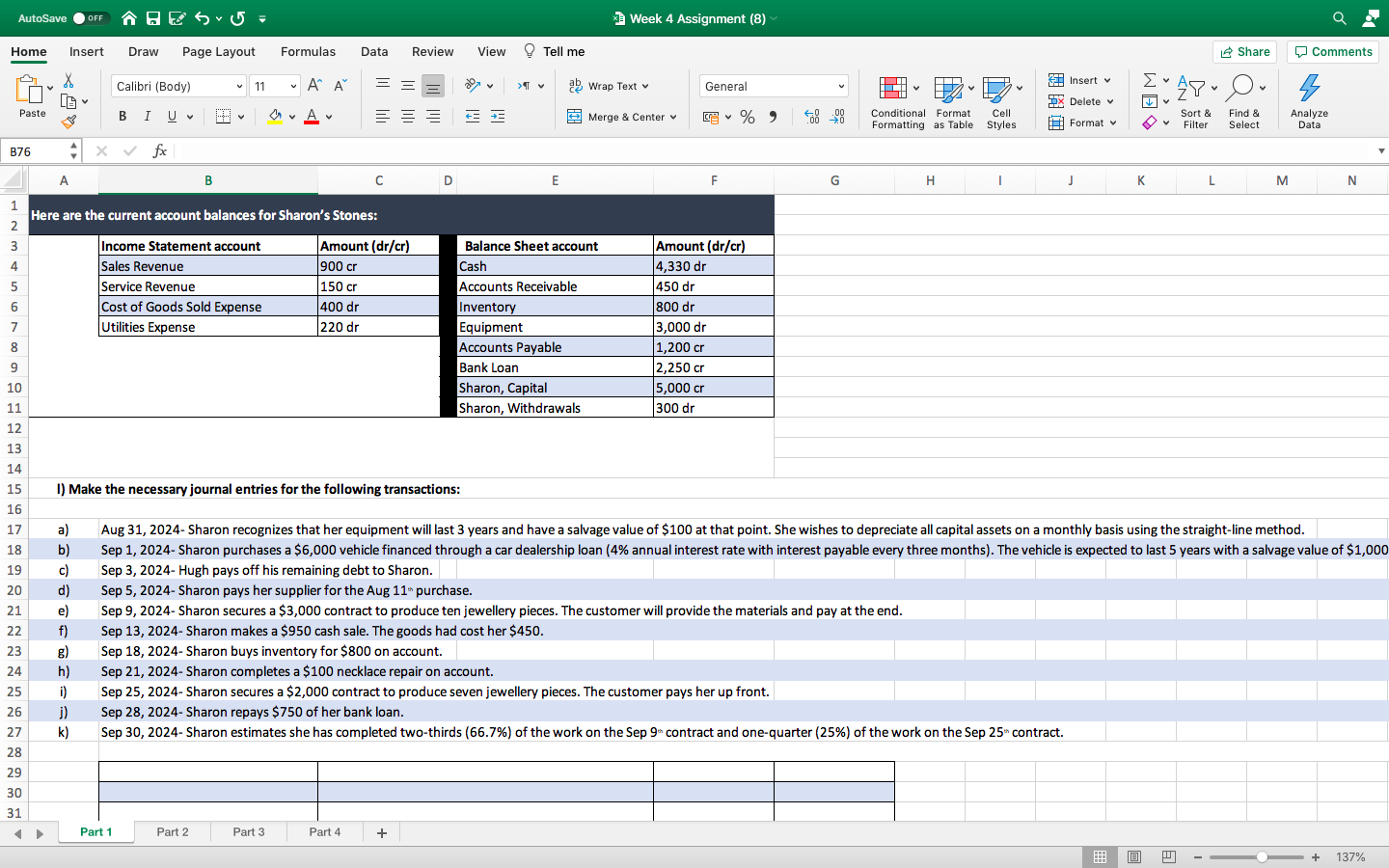 Autosave Off Hesu Week 4 Assignment 8 Home Insert Draw Page Layout Formulas Data Review View Tell Me Share Comments X 1