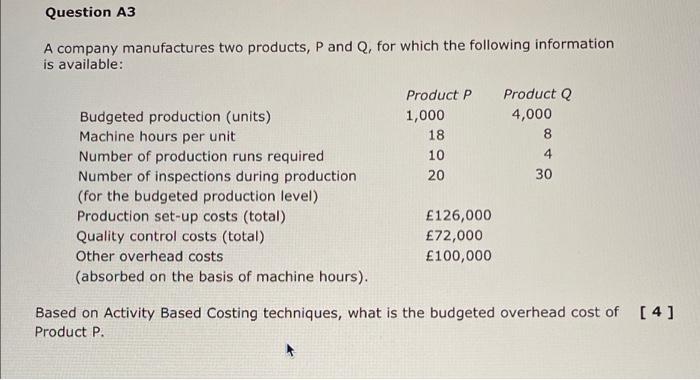 Question A3 A Company Manufactures Two Products P And Q For Which The Following Information Is Available Product P 1 1