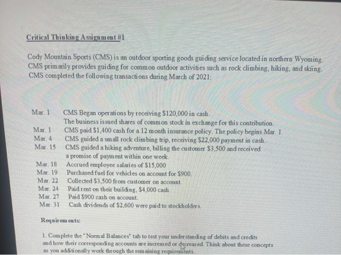 Critical Thinking Assignment 1 Cody Mountain Sports Cms Is An Outdoor Sporting Goods Guiding Service Located In North 1