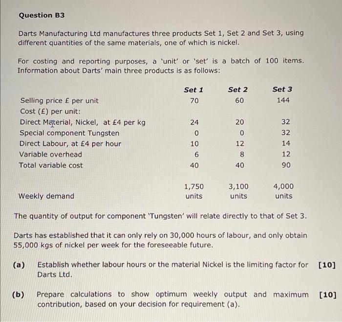 Question B3 Darts Manufacturing Ltd Manufactures Three Products Set 1 Set 2 And Set 3 Using Different Quantities Of Th 1