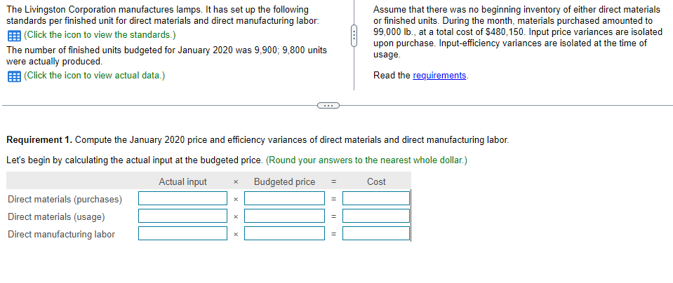 The Livingston Corporation Manufactures Lamps It Has Set Up The Following Standards Per Finished Unit For Direct Materi 1