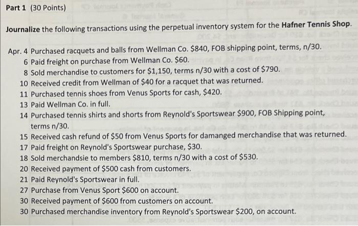 Part 1 30 Points Journalize The Following Transactions Using The Perpetual Inventory System For The Hafner Tennis Shop 1