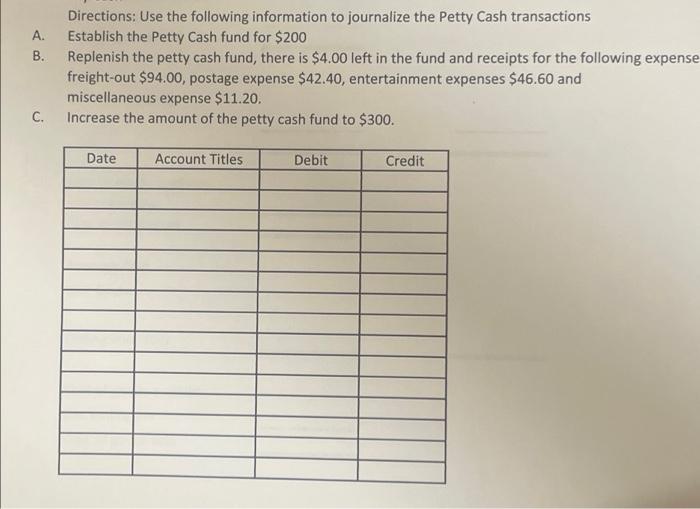 A B Directions Use The Following Information To Journalize The Petty Cash Transactions Establish The Petty Cash Fund 1
