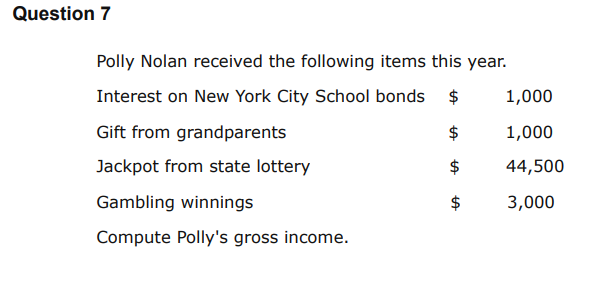 Question 7 Polly Nolan Received The Following Items This Year Interest On New York City School Bonds 1 000 Gift From 1