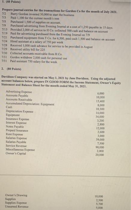1 60 Points Prepare Journal Entries For The Transactions For Gordon Co For The Month Of July 2021 72 Barry Gordon In 1
