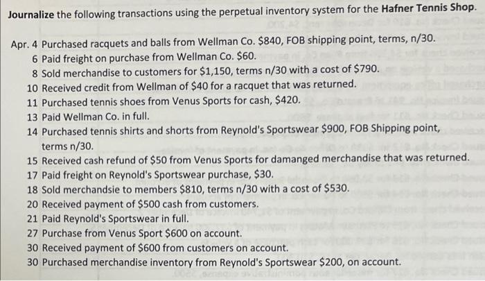 Journalize The Following Transactions Using The Perpetual Inventory System For The Hafner Tennis Shop Apr 4 Purchased 1
