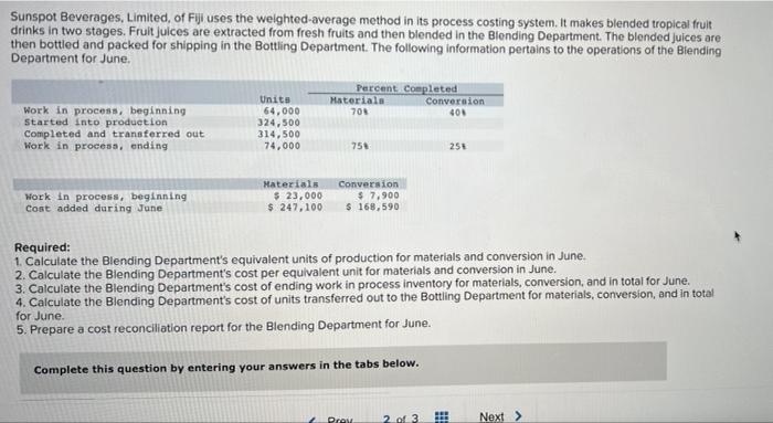 Sunspot Beverages Limited Of Fiji Uses The Weighted Average Method In Its Process Costing System It Makes Blended Tro 1