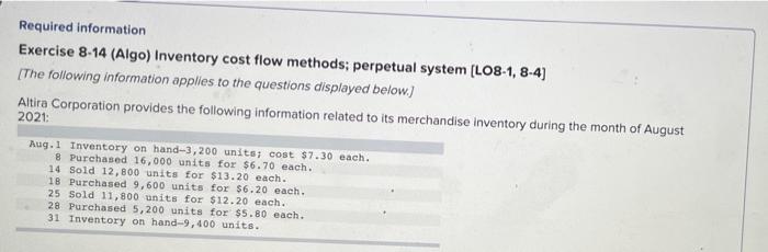 Required Information Exercise 8 14 Algo Inventory Cost Flow Methods Perpetual System Lo8 1 8 4 The Following Info 2