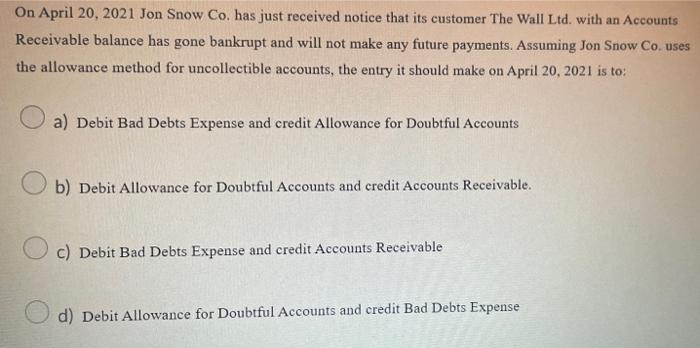 On April 20 2021 Jon Snow Co Has Just Received Notice That Its Customer The Wall Ltd With An Accounts Receivable Bala 1