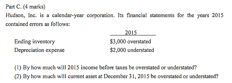 Part C 4 Marks Hudson Inc Is A Calendar Year Corporation Its Financial Statements For The Years 2015 Contained Err 1