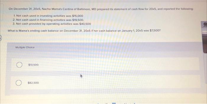 On December 31 20x5 Nacho Mara S Cantina Of Baltimore Md Prepared Its Statement Of Cash Flow For 20x5 And Reported T 1