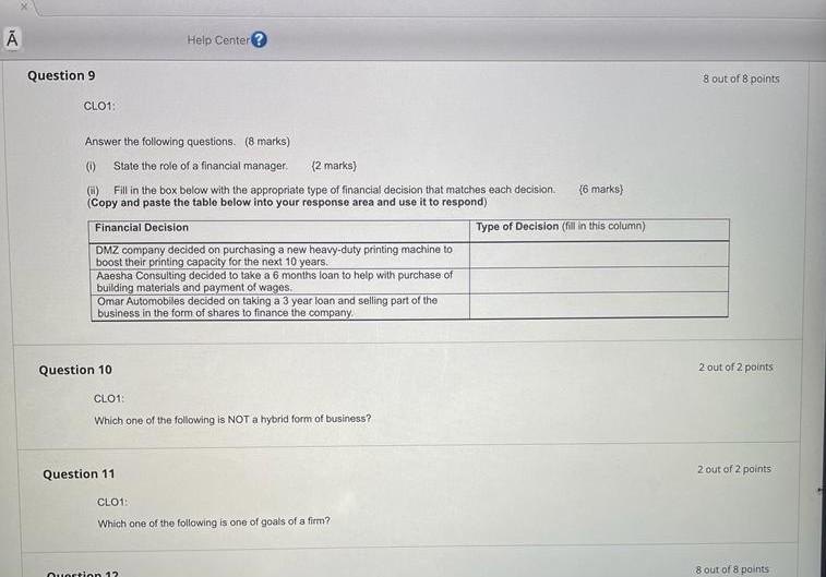 A Help Center Question 9 8 Out Of 8 Points Clo1 Answer The Following Questions 8 Marks 0 State The Role Of A Finan 1