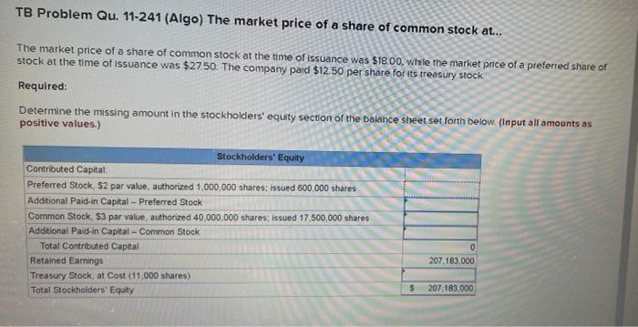 Tb Problem Qu 11 241 Algo The Market Price Of A Share Of Common Stock At The Market Price Of A Share Of Common Sto 1