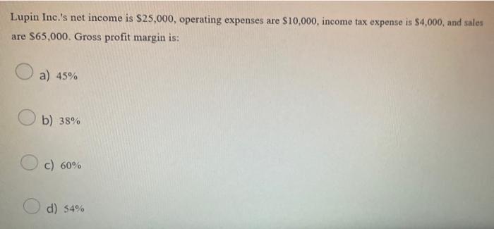 Lupin Inc S Net Income Is 25 000 Operating Expenses Are 10 000 Income Tax Expense Is 4 000 And Sales Are 65 000 1