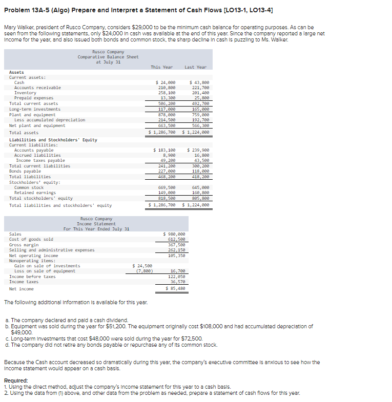 Problem 13a 5 Algo Prepare And Interpret A Statement Of Cash Flows Lo13 1 Lo13 4 Mary Walker President Of Rusco Co 1