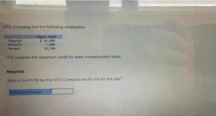 Cfg Company Has The Following Employees Edwardo Melanie Navaeh Wages Paid 10 000 7 000 18 500 Cfg Receives The Maximu 1