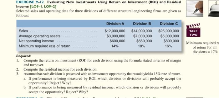 Exercise 9 2 Evaluating New Investments Using Return On Investment Roi And Residual Income Lo9 1 Lo9 2 Selected S 1