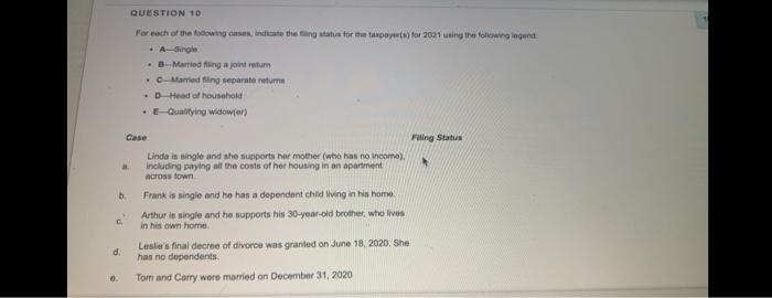 Question To Por Each Of The Towny Cases Dicate The Thing This For The Taxpayer For 2021 Using The Following In A Sing 1