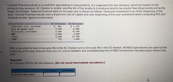 Colonial Pharmaceuticals Is A Small Firm Specializing In New Products It Is Organized Into Two Divisions Which Are Bas 1