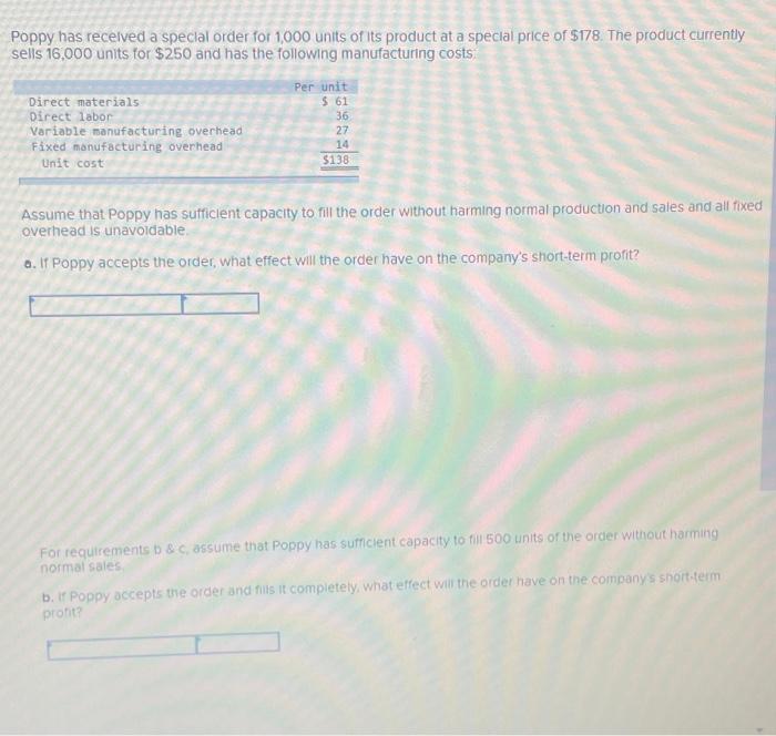 Poppy Has Received A Special Order For 1000 Units Of Its Product At A Special Price Of 178 The Product Currently Sells 1