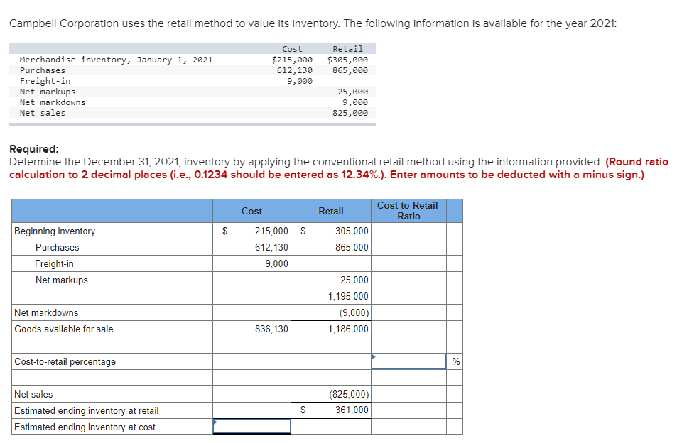 Campbell Corporation Uses The Retail Method To Value Its Inventory The Following Information Is Available For The Year 1