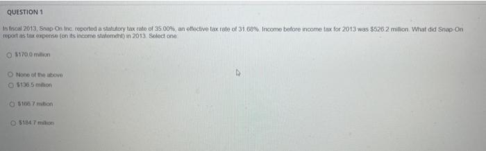Question 1 Infrsch 2013 Snap On Inc Oported A Statutory Tax Rate Of 3500 An Effective Tax Rate Of 31 68 Income Befor 1