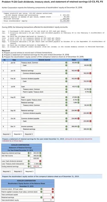Problem 15 2a Cash Dividends Treasury Stock And Statement Of Retained Earnings Lo C3 P2 P3 Kohler Corporation Report 1