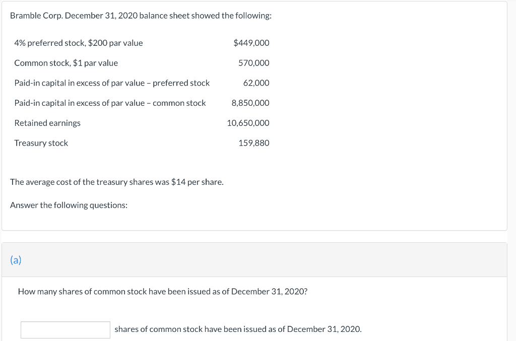 Bramble Corp December 31 2020 Balance Sheet Showed The Following 4 Preferred Stock 200 Par Value 449 000 Common S 1