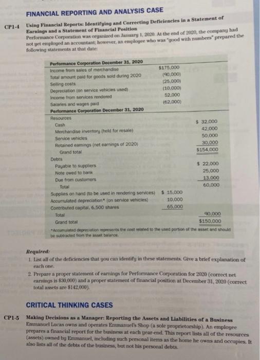 Cp1 4 Financial Reporting And Analysis Case Using Financial Reports Identifying And Correcting Deficiencies In A Statem 1