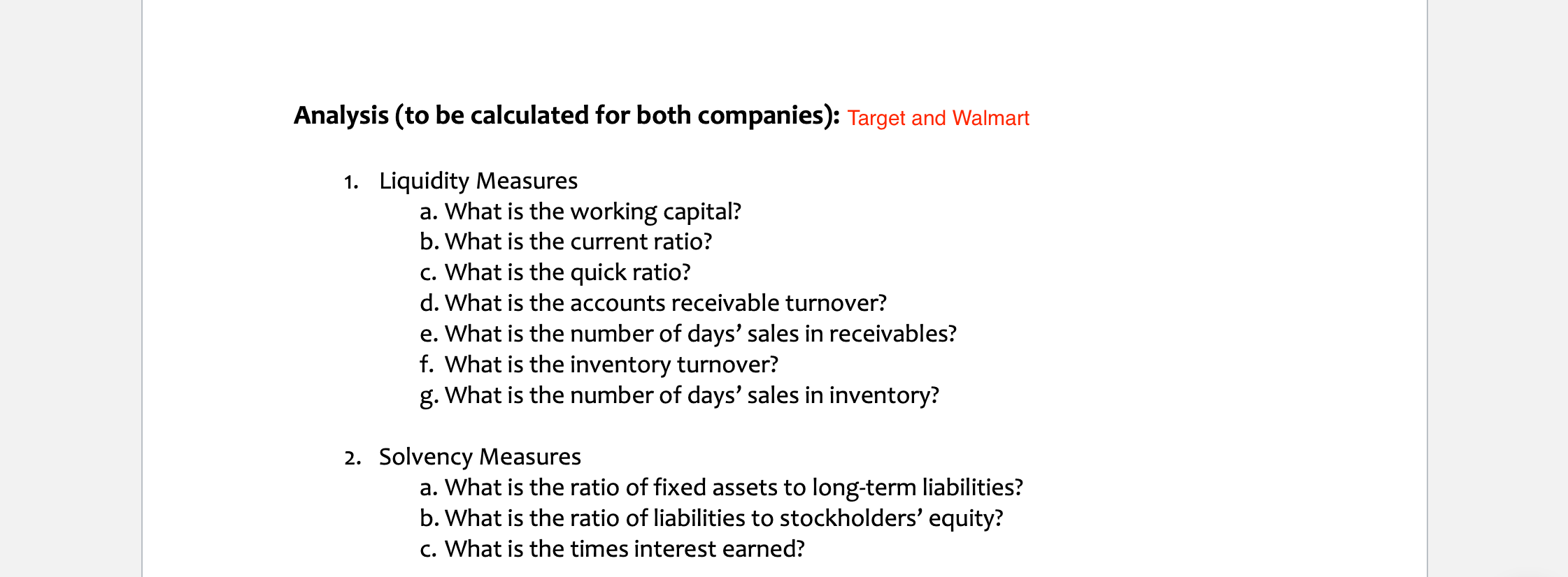 Analysis To Be Calculated For Both Companies Target And Walmart 1 Liquidity Measures A What Is The Working Capital 1