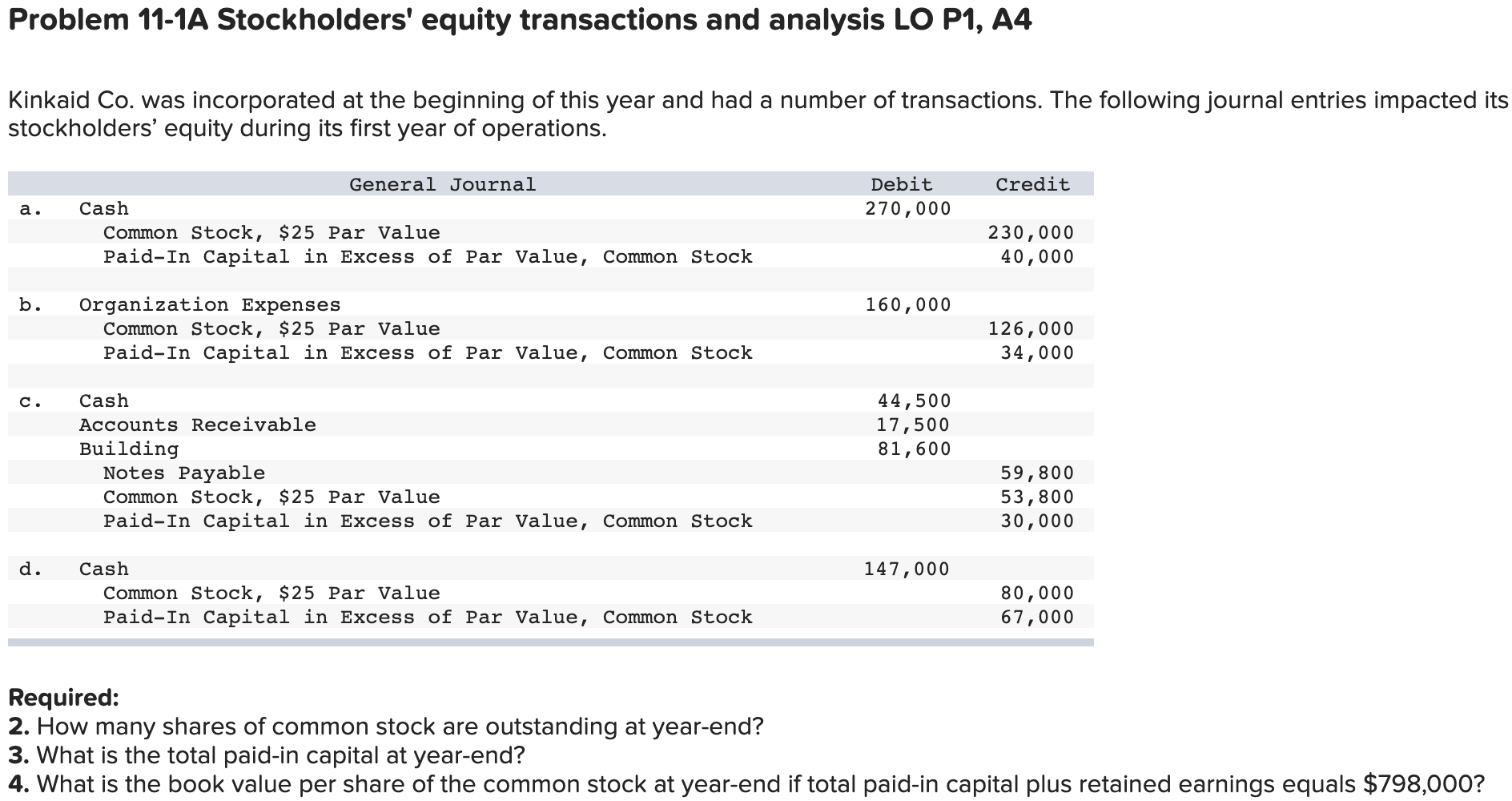 Problem 11 1a Stockholders Equity Transactions And Analysis Lo P1 A4 Kinkaid Co Was Incorporated At The Beginning Of 1