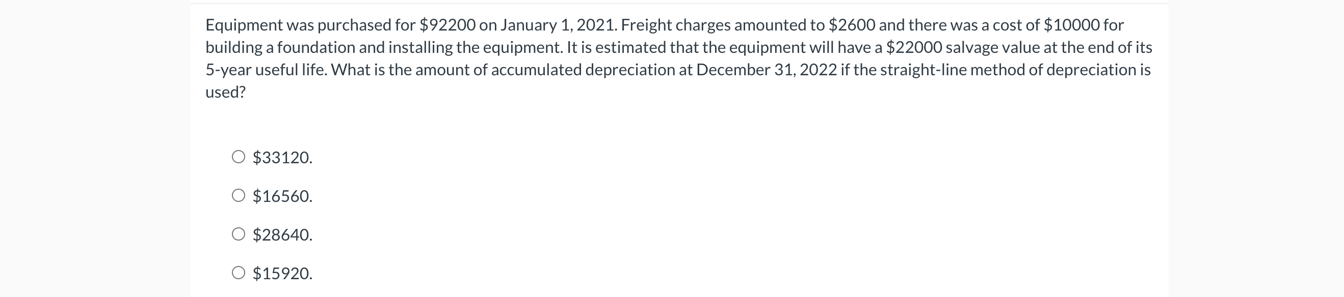 A Equipment Was Purchased For 92200 On January 1 2021 Freight Charges Amounted To 2600 And There Was A Cost Of 1000 1
