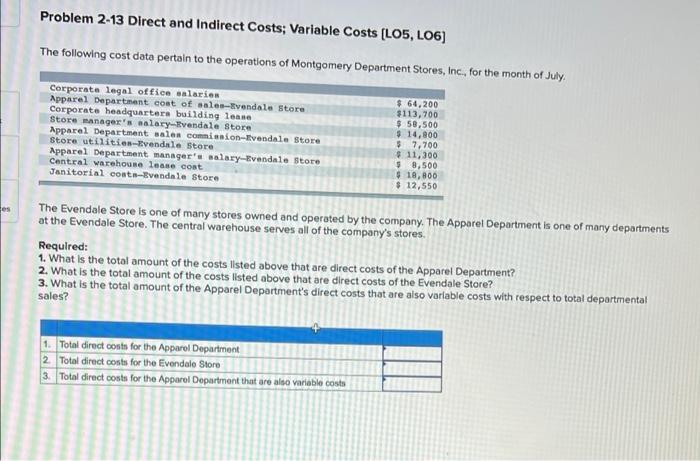 Problem 2 13 Direct And Indirect Costs Variable Costs Lo5 Lo6 The Following Cost Data Pertain To The Operations Of M 1