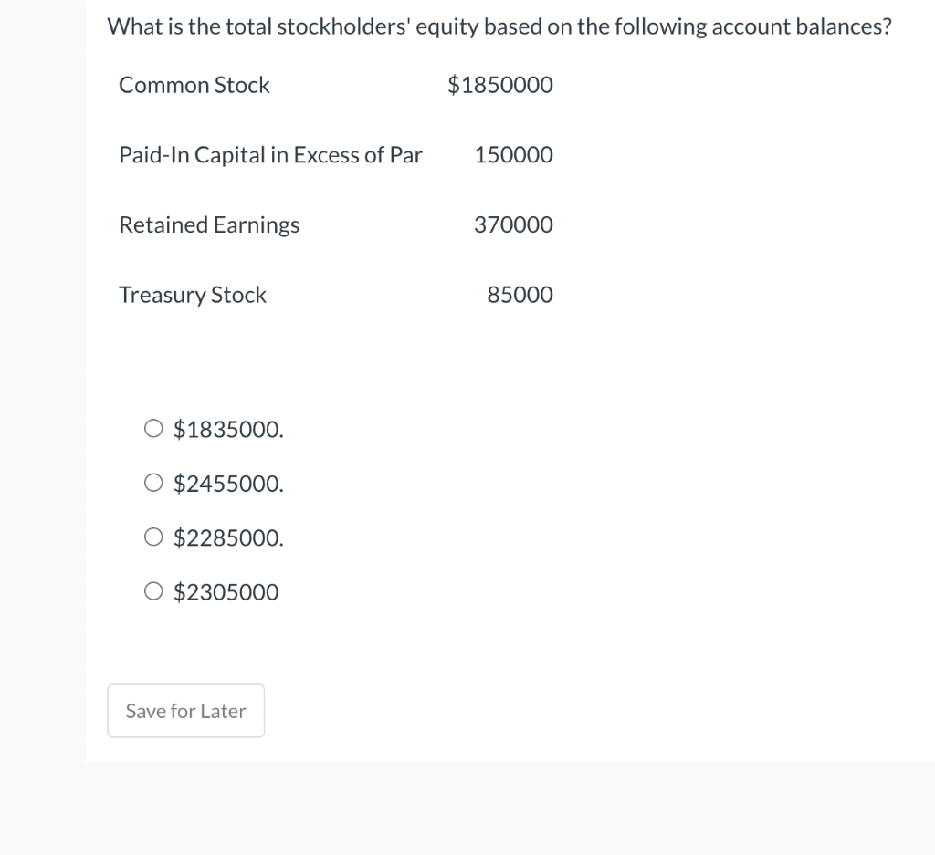 What Is The Total Stockholders Equity Based On The Following Account Balances Common Stock 1850000 Paid In Capital In 1