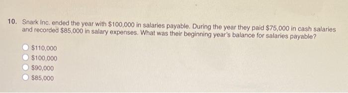 10 Snark Inc Ended The Year With 100 000 In Salaries Payable During The Year They Paid 75 000 In Cash Salaries And 1