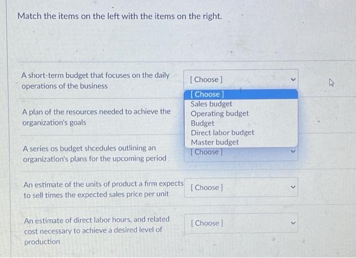 Match The Items On The Left With The Items On The Right A Short Term Budget That Focuses On The Daily Operations Of T 1