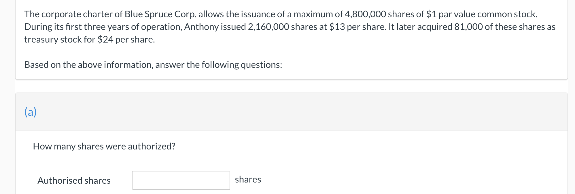 The Corporate Charter Of Blue Spruce Corp Allows The Issuance Of A Maximum Of 4 800 000 Shares Of 1 Par Value Common S 1