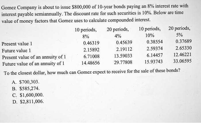 Gomez Company Is About To Issue 800 000 Of 10 Year Bonds Paying An 8 Interest Rate With Interest Payable Semiannually 1
