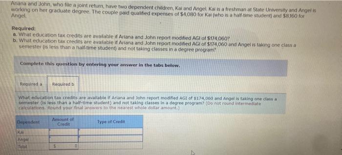 Ariana And John Who File A Joint Return Have Two Dependent Children Kai And Angel Kai Is A Freshman At State Universi 2